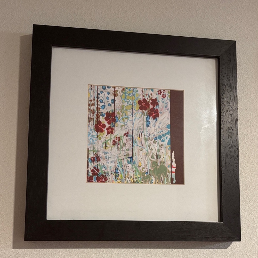 Floral Abstract Art Matted in Black Wood Frame with Glass Overlay 17”x17”